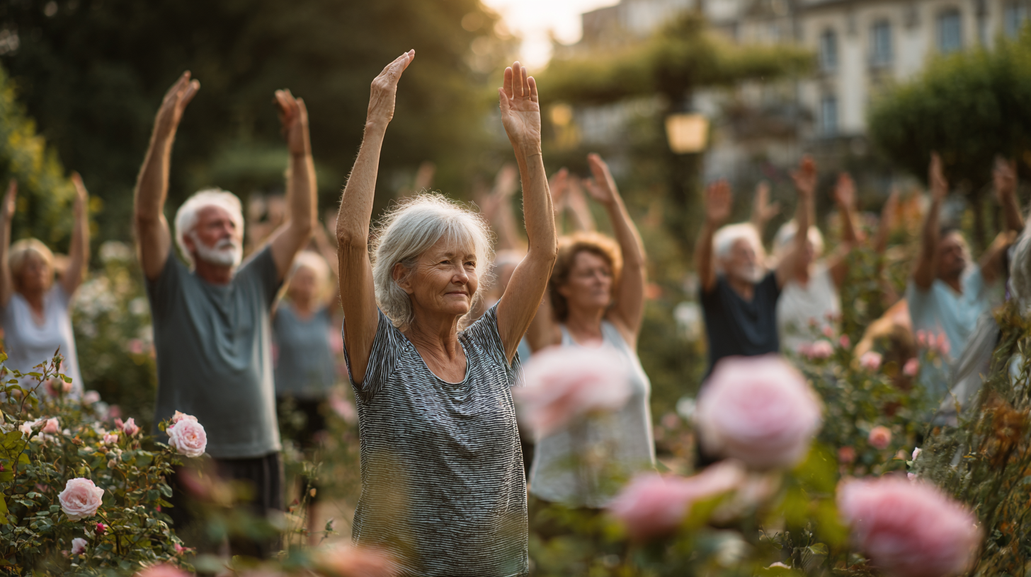 Група людей старшого віку під час заняття йогою на свіжому повітрі
